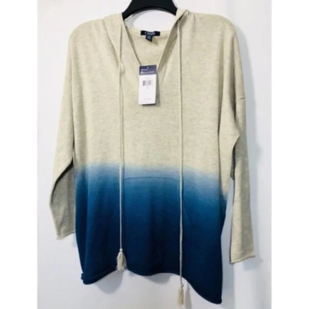 Chaps Womens Blue Ombre Tie Dyed Long Sleeve Pull Over Kangaroo Hoodie Sz S New